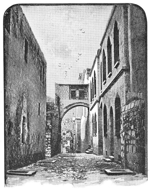 在耶路撒冷，以色列-奥斯曼帝国的Dolorosa大街上的Ecce Homo Arch